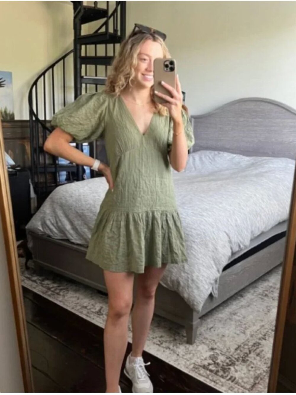 Abercrombie & Fitch Puff Sleeve Green Textured Mini Dress – Size Small